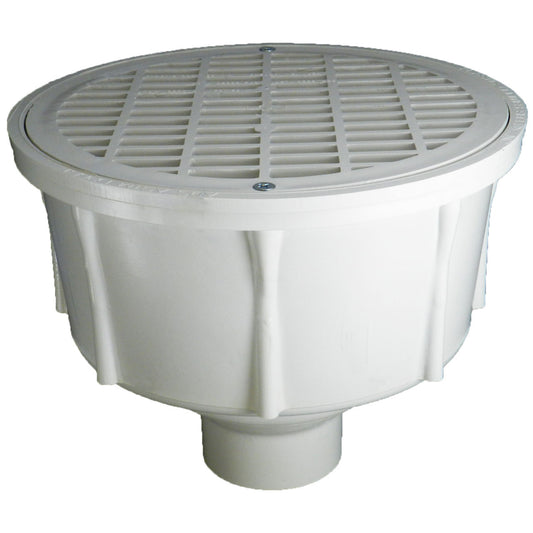 Deep Sump Round Floor Drain - PVC 2" Over Pipe Fit with Aluminum Dome Strainer and Full Grate