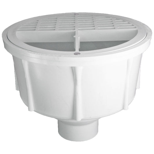 Deep Sump Round Floor Drain - PVC 2" Over Pipe Fit with Aluminum Dome Strainer and Half Grate